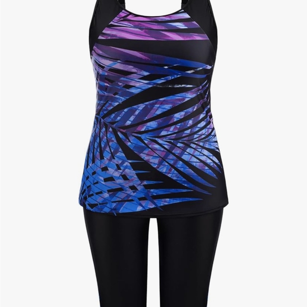 Elegant Black with blue red yellow green and pink stripes tankini and bottom.